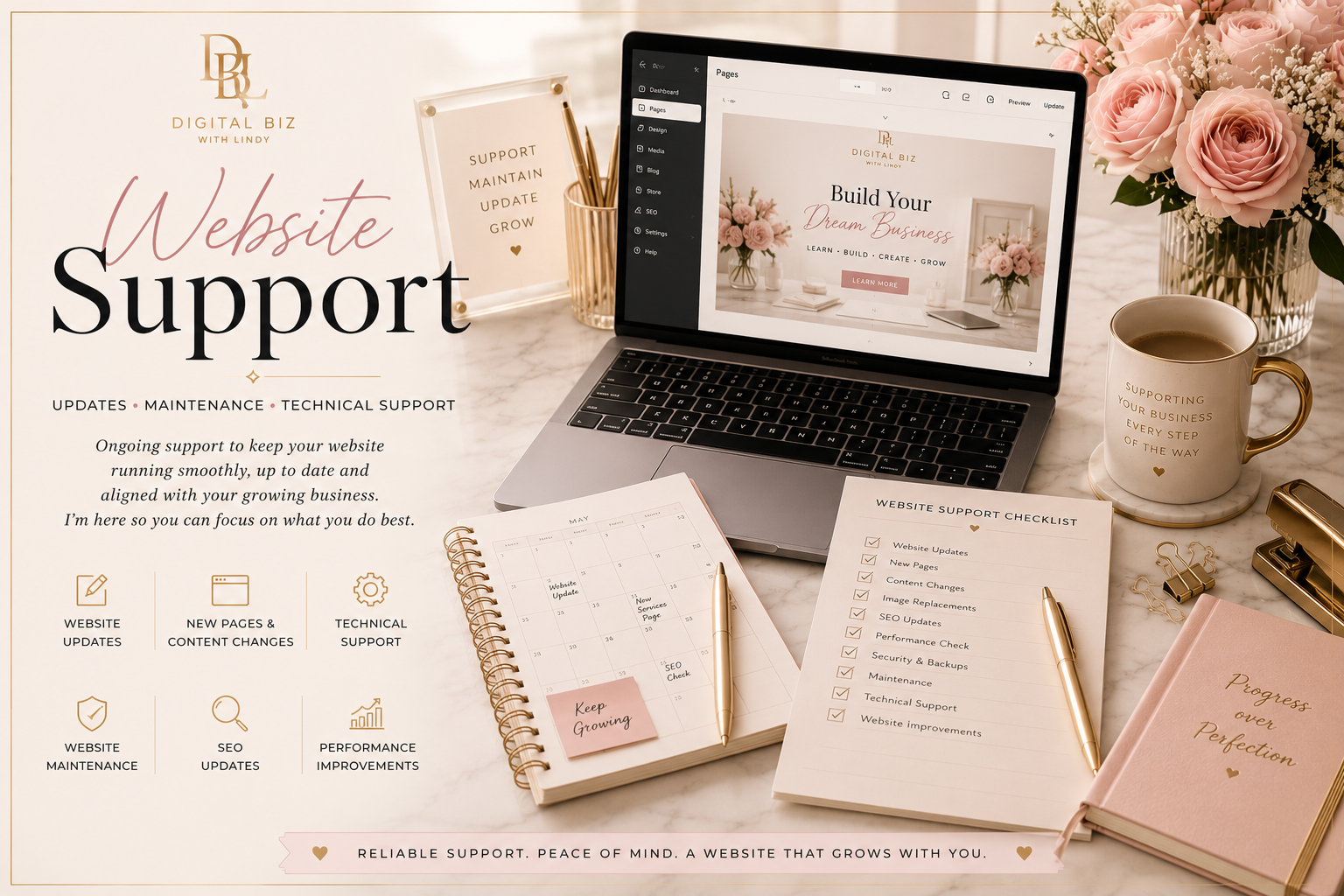 Website support dashboard with maintenance checklist and planner