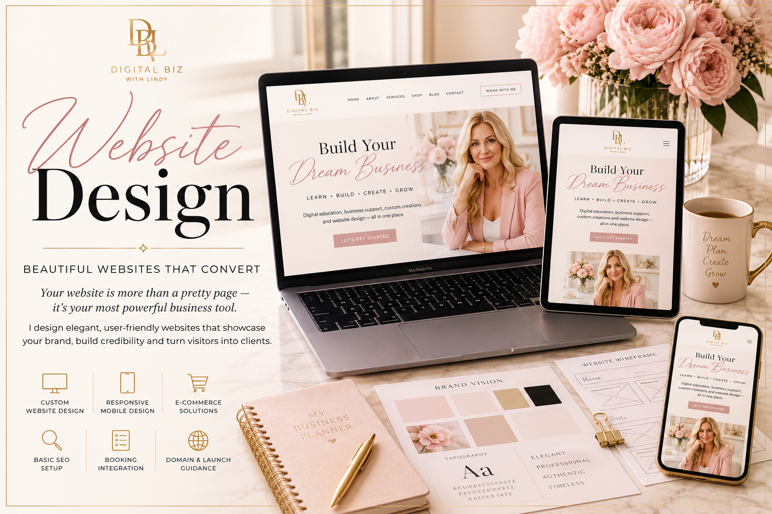 Custom website design displayed across laptop, tablet and phone