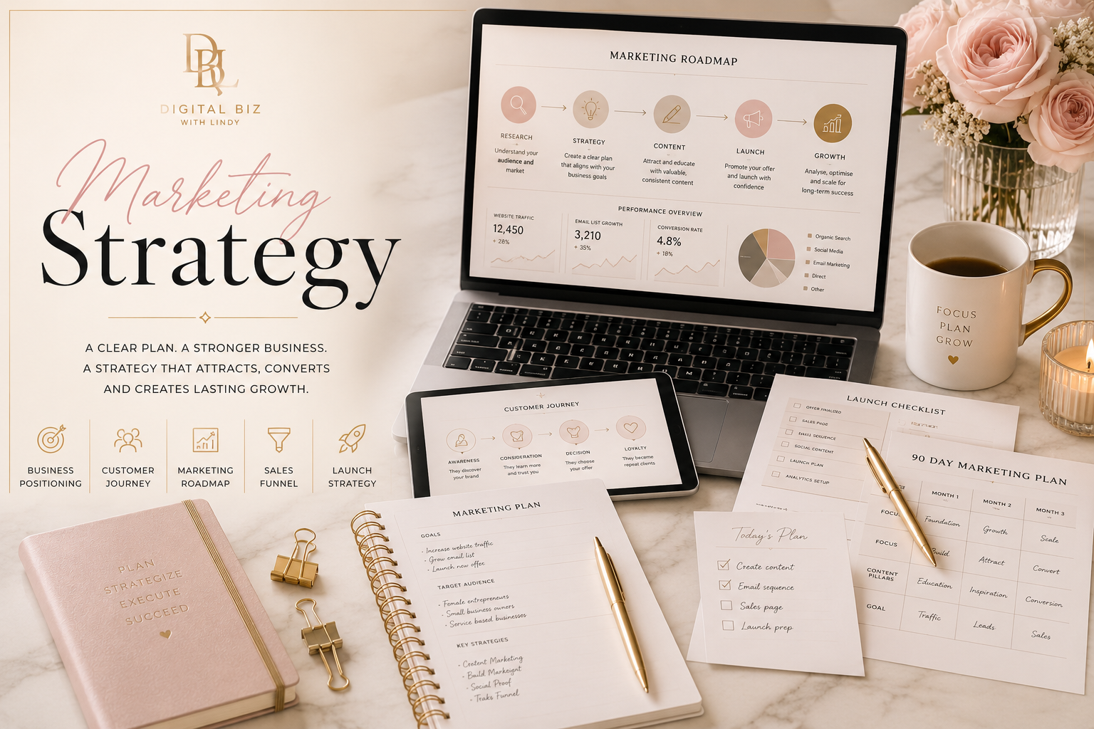Marketing strategy roadmap on a laptop with planner and notes