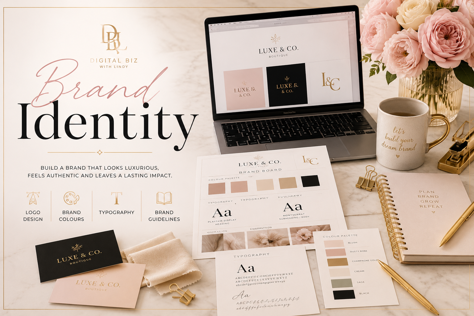 Brand identity design flat lay with logo mockups, palette and stationery