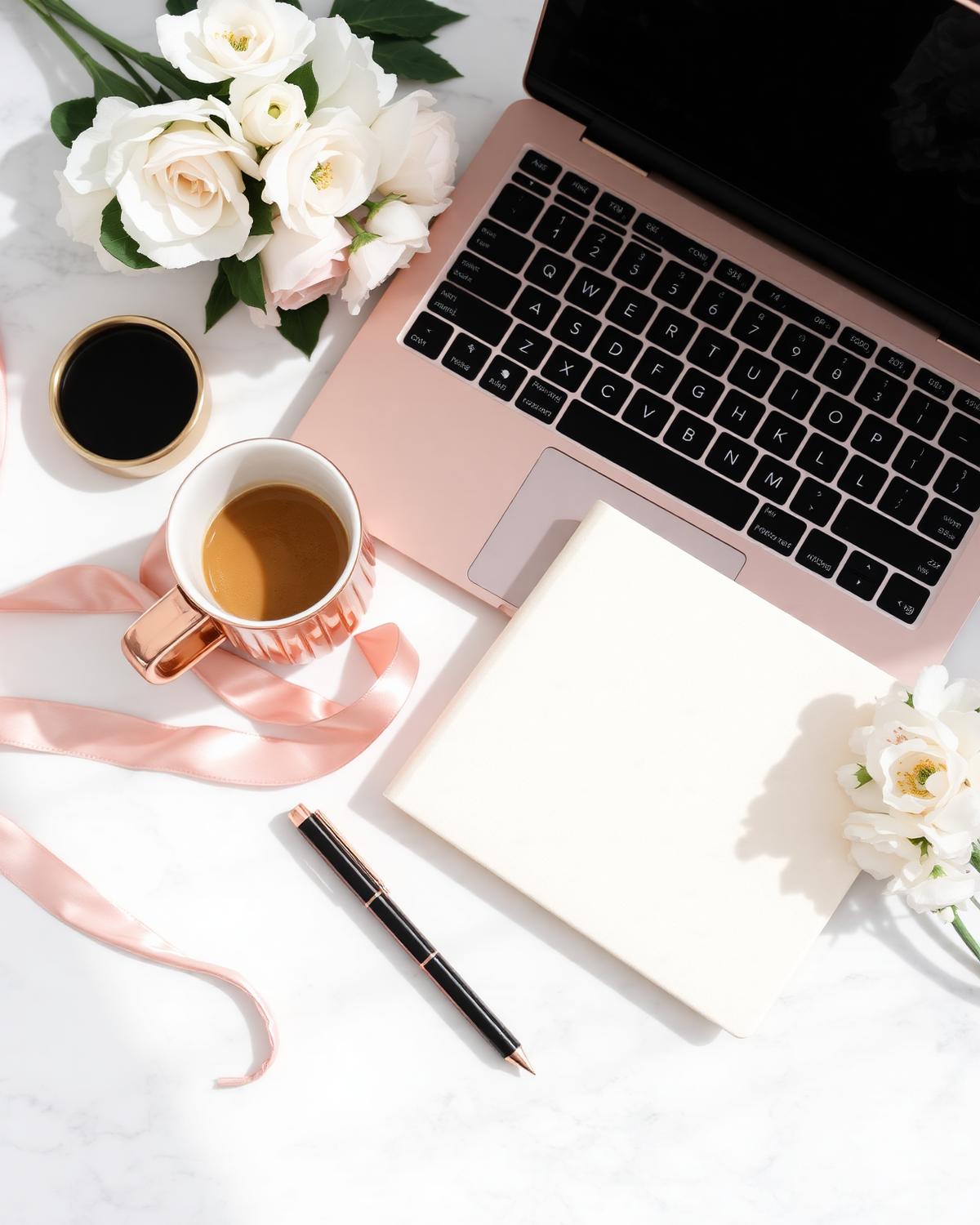 Elegant feminine workspace with rose gold laptop and pink ribbons